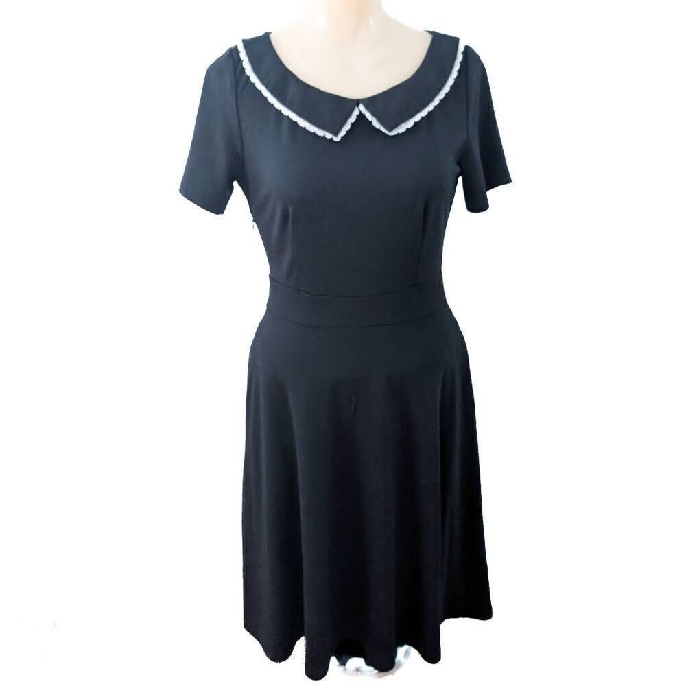 Black Cotton A-Line Dress with Pockets and Lace Trim